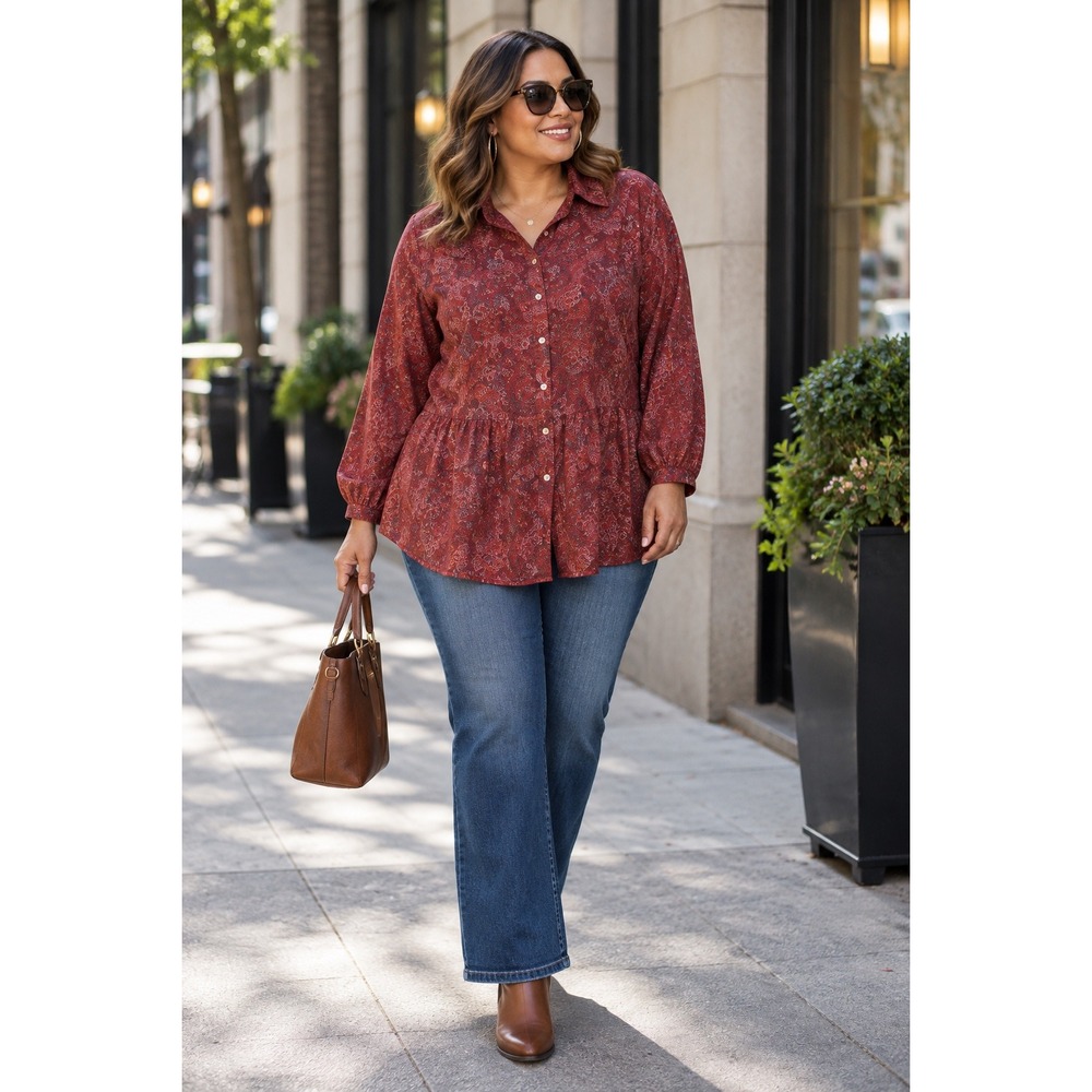 LOGO Lori Goldstein Womans XL Blouse Red Abstract Long Sleeve Peplum